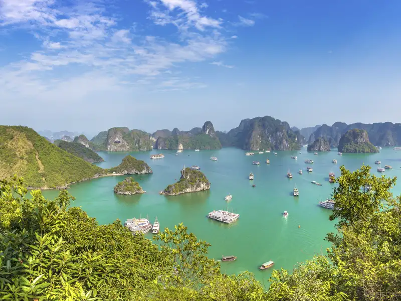 Auf Ihrer Reise besuchen Sie die smaragdgrüne Halong-Bucht mit den charakteristischen Kalksteininseln und traditionellen Dschunken.