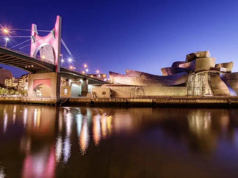 Brücke Puente La Salve und Guggenheim-Museum in Bilbao hell beleuchtet unter dem Nachthimmel.