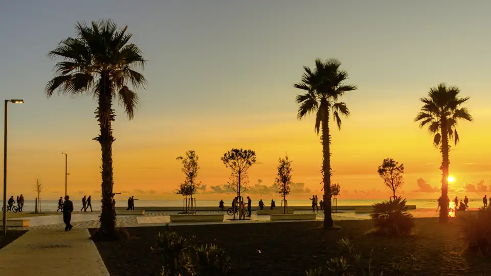 Bei unserer Rundreise genießen wir einen atemberaubenden Sonnenuntergang an der palmengesäumten Promenade von Durres an der Adriaküste.