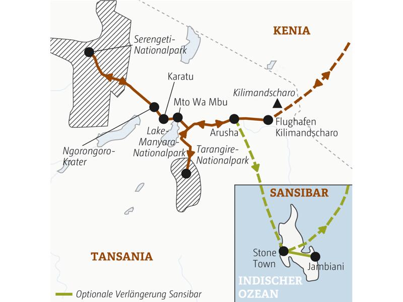 Karte von Tansania und Sansibar mit eingezeichnetem Verlauf der Marco Polo Reise.