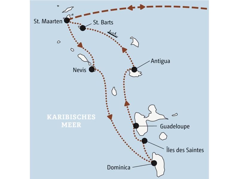 Karte der Segelreise durch die Kleinen Antillen mit der Route von St. Maarten über Nevis, Dominica, Guadeloupe und Antigua.