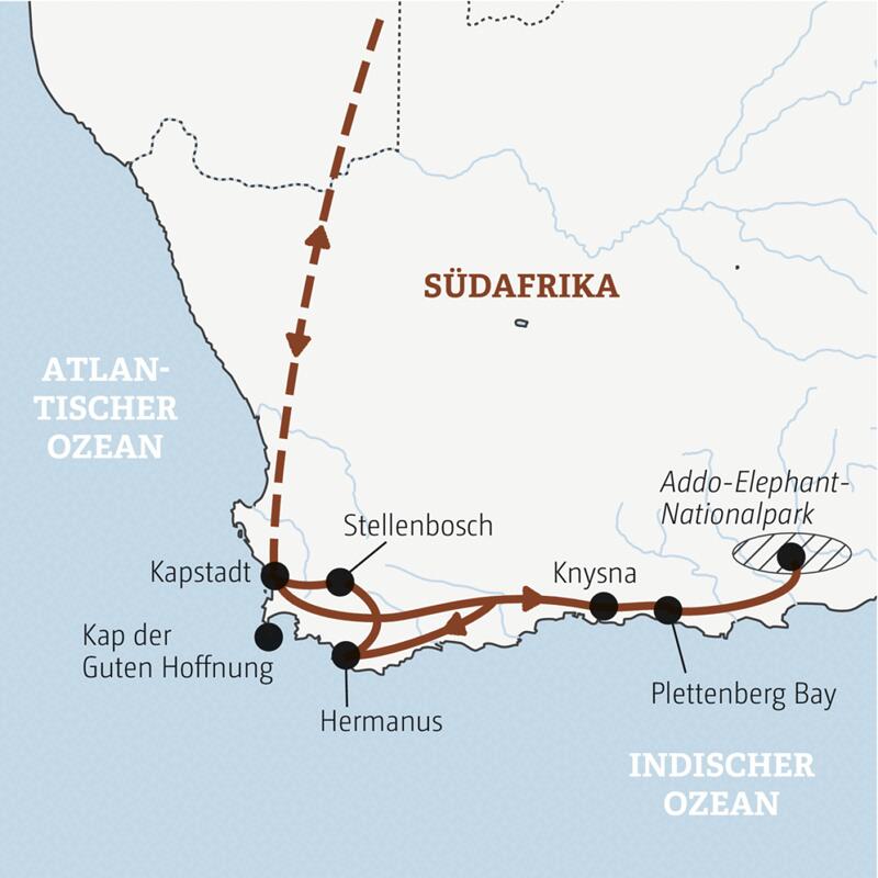 Karte der Marco Polo Entdeckerreise nach Südafrika