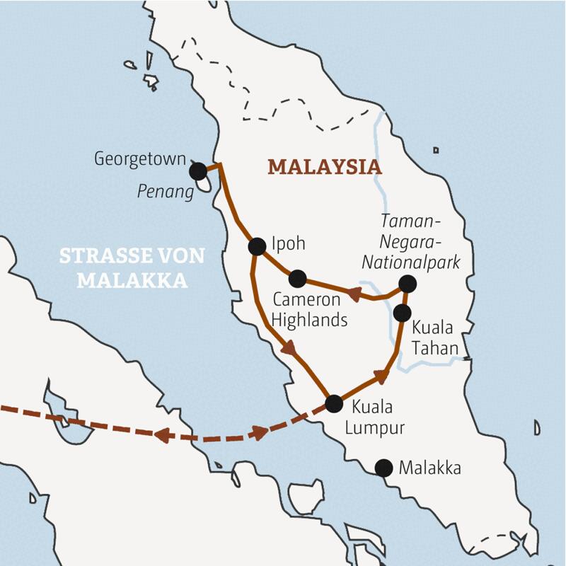 Routenverlauf der Entdeckerreise durch Malaysia: von Kuala Lumpur über den Taman-Negara-Nationalpark und die Cameron Highlands nach Penang.