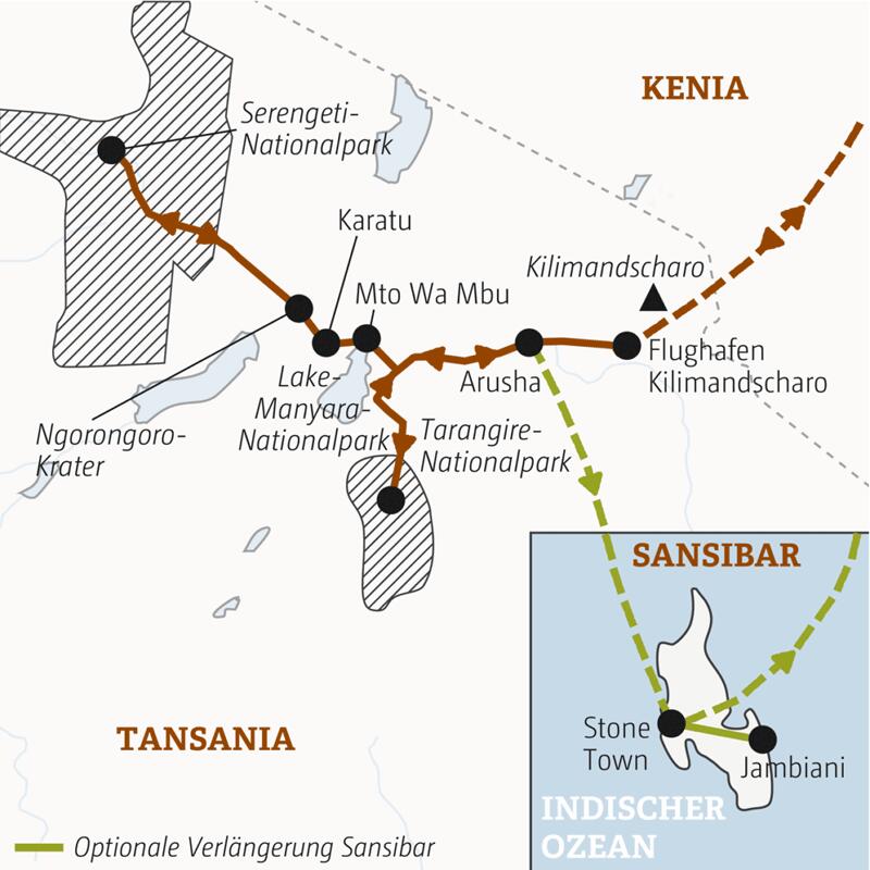 Karte von Tansania und Sansibar mit eingezeichnetem Verlauf der Marco Polo Reise.