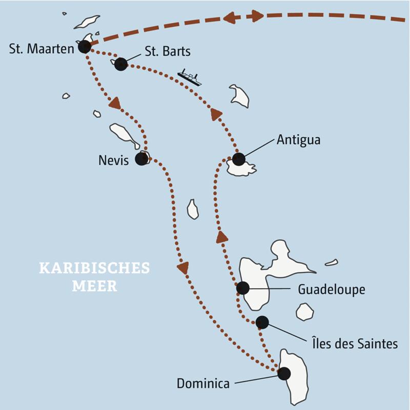 Karte der Segelreise durch die Kleinen Antillen mit der Route von St. Maarten über Nevis, Dominica, Guadeloupe und Antigua.